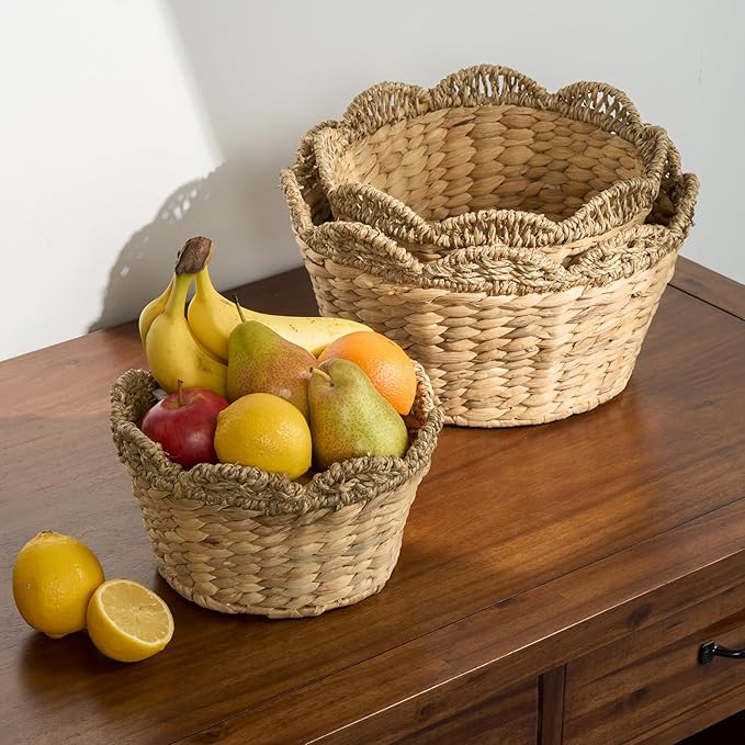 Isidore Water Hyacinth Storage Baskets, Round Woven Set of 3, Natural Brown, Pantry Organizer for Kitchen and Bathroom Storage