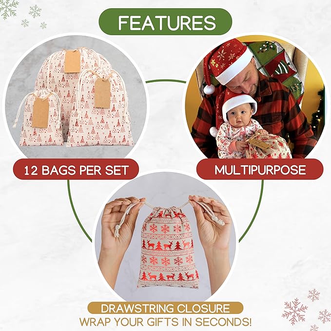 12 Pack Reusable Christmas gift bags with 15 gift tags. Gift sacks. Fabric drawstring holiday gift bags in assorted sizes. Xmas bags for presents, parties & stocking stuffers. (CE)