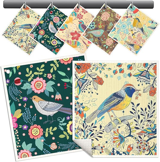 Swedish Dishcloths for Kitchen - 5 Pack Reusable Dish Cloths for Washing Dishes Absorbent Cute Funny Kitchen Towels Cleaning Sponge, Flower Bird