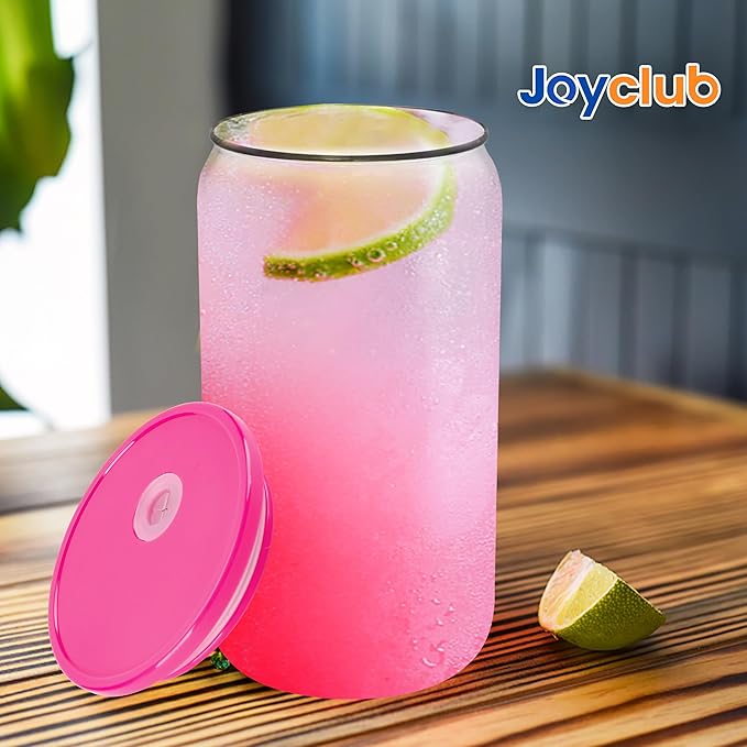 Joyclub 4 Pack Acrylic Lids for 16 oz Glass Cups with Bamboo Lids and Straws Reusable Iced Coffee Cup Beer Can Drinking Glasses for Smoothie Whiskey Boba Soda Tea Gift (Rose Red)
