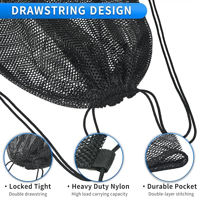 2 Pcs Mesh Drawstring Bag 16 x 20 Inch Heavy Duty Nylon Net Bags, Durable Mesh Backpack for Gym Hiking Swimming Soccer Ball Basketball Beach Toys Laundry Mushroom Foraging Etc (Black)