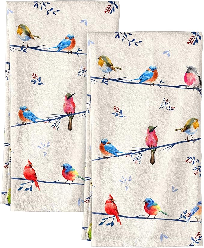 Flour Sack Kitchen Towels Set of 2-18x26 Cotton Dish Towels with Hanging Loop Reusable Tea Towel for Cleaning Spring Absorbent Dishcloths Cute Home Decor Housewarming, Watercolor Bird