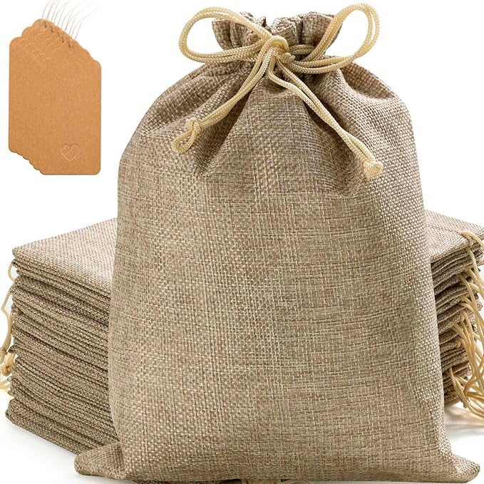Homum 25 Pcs 7x9 Inch Burlap Gift Bags with Drawstring and Gift Tags, Burlap Jute Bags for Party, Christmas, DIY Craft