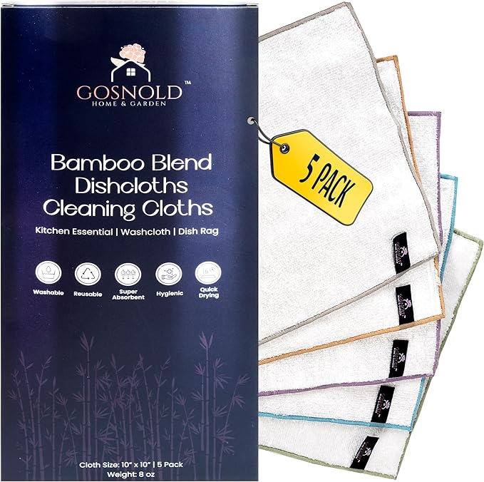 Bamboo Blend Dish Cloths & Cleaning Towels for Kitchen & Home – Absorbent, Quick-Dry, Non-Scratch Washcloths, 10x10 Inches, 5 Pack, Reusable, Hygienic, Multi-Color