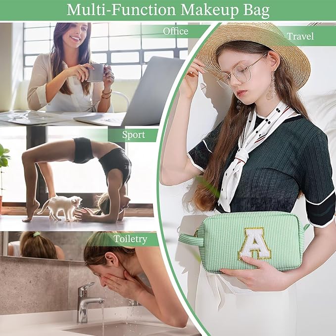 YOOLIFE Initial Makeup Bag, Travel Toiletry Bag, Cosmetic Pouch Makeup Case, Personalized Makeup Bags for Women, Green P