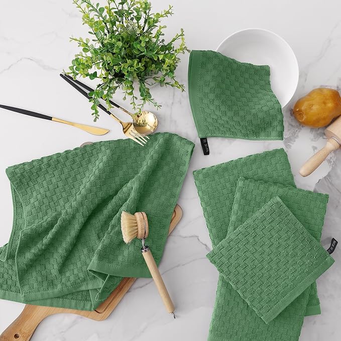 Fintale 100% Cotton Kitchen Towels and Dishcloths Set, 12 x 12 & 15 x 25 Inches, Set of 8 Bulk Super Soft and Absorbent Terry Cloth Dish Towels, Quick Drying Hand Towels with Hanging Loop, Grass Green