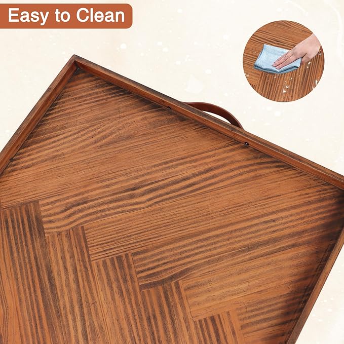 Large Ottoman Wood Trays, Wooden Serving Tray with Handles, Large Ottoman Tray, Square Wooden Serving Tray for Coffee Table, Living Room and Kitchen, 24 x 24 inch