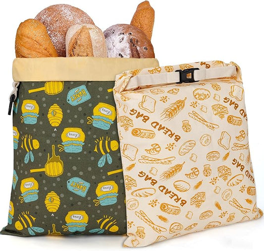 2 Pack Beeswax Bread Bags for Sourdough Homemade Bread, Reusable Natural Organic Linen, Food Storage Cloth Bag, Large Capacity Portable, Freezer-Friendly, Freshness Preservation