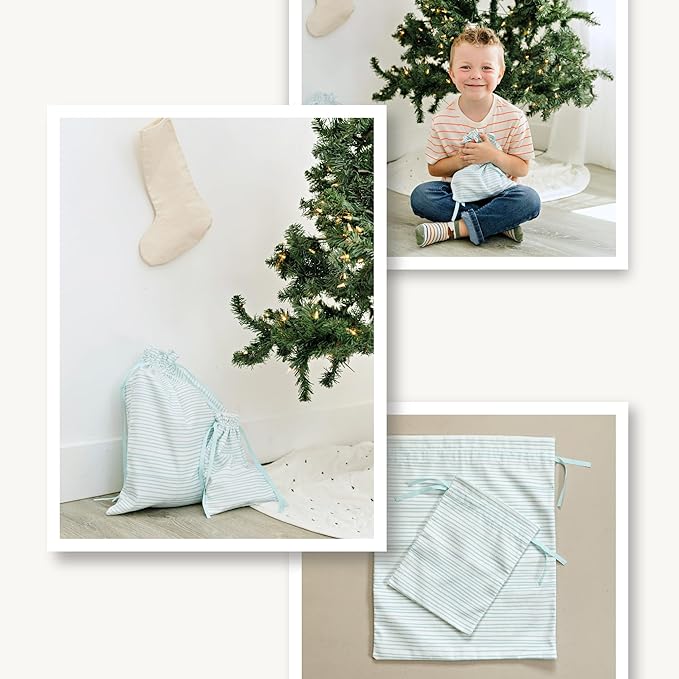Gather & Knot Drawstring Gift Bags | 20" Large 12" Small | Premium Canvas | Reusable Fabric Wrap for Baby Shower, Birthdays, Hannukkah, Christmas | Blue Stripes