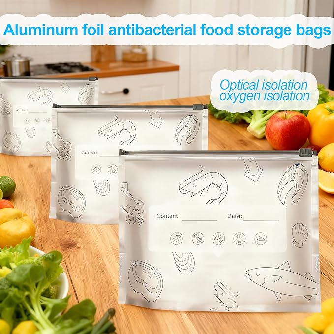 30Pcs Reusable Aluminum Foil Sealable Storage Bags, Thicken Stand Up Foil Sealable Bags with Label and Zip Lock, Aluminum Foil Bags for Food, Vegetable Fruit Meat (10*S+10*M+10*L)(Zipper)