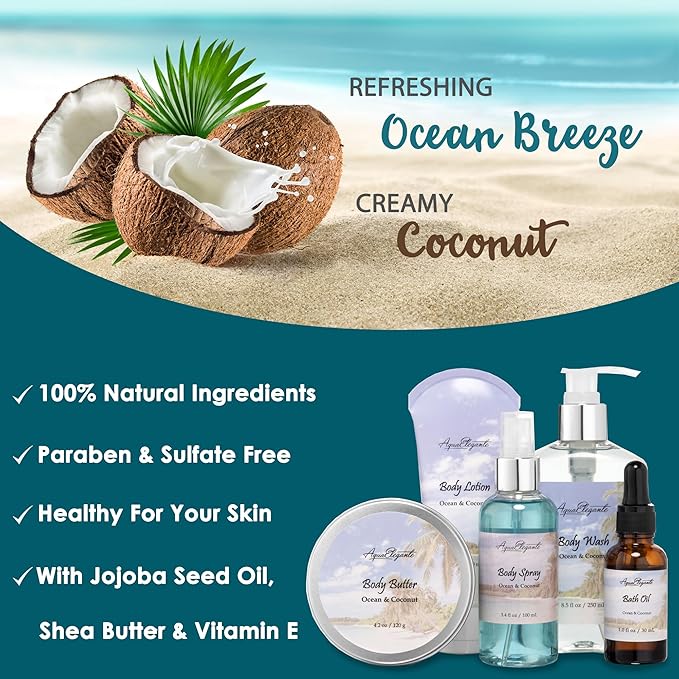 Bath Spa Gift Sets - Luxury Basket With Ocean & Coconut - Spa Kit Includes Wash, Bubble Bath, Lotion, Bath Salts, Body Scrub, Shower Puff, Bathbombs, Soap and Towel