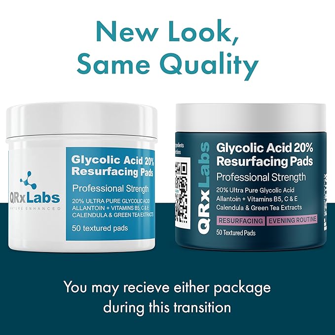 QRxLabs Glycolic Acid Pads - 20% Resurfacing Pads AHA for Face & Body - Exfoliates Skin Surface and Reduces Apperance of Fine Lines and Wrinkles - Daily Pads - 50ct 2PK