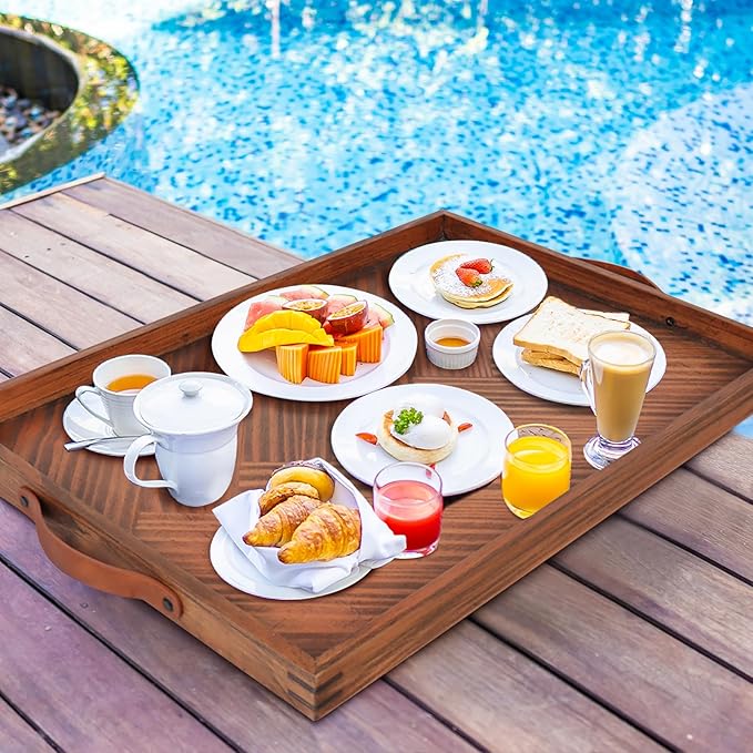 Large Ottoman Wooden Trays, Wood Serving Tray with Handles, Large Ottoman Tray, Wooden Serving Trays for Coffee Tables, Living Rooms and Kitchens, 24 x 16 inch