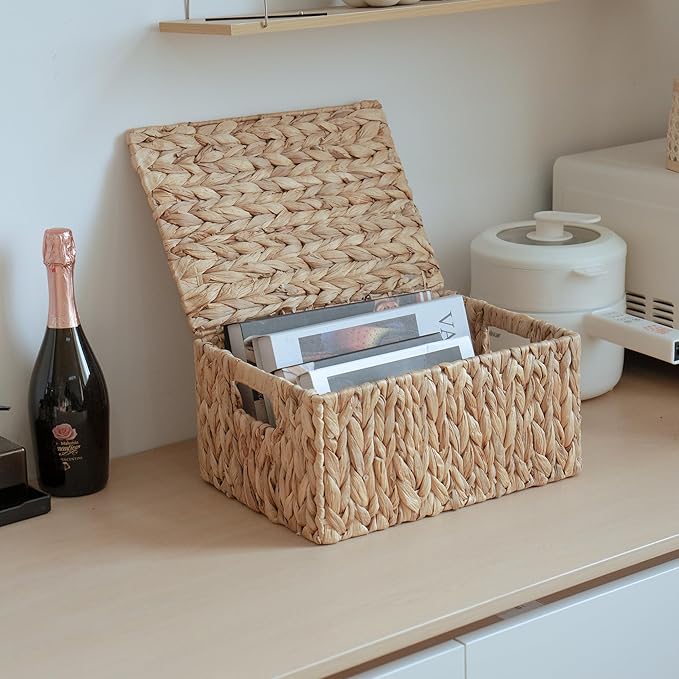 Water Hyacinth Storage Baskets with Handles Set of 3 , Handmade Natural Woven basket with lid, Rustic Farmhouse Style for Shelf Home Organization