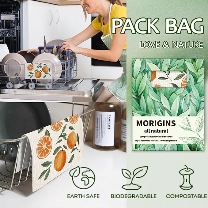 Morigins 12 Pack Swedish Dishcloths with 2 Push Towel Hooks - Highly Absorbent Dish Towels for Kitchen, Fast Drying Dish Cloths for Washing Dishes - Fruit Set