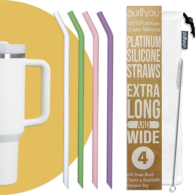 purifyou 14.5in Extra Long Reusable Silicone Straws with Cleaning Brush, Portable Case, Fits 40oz Stanley Cups, Tumblers & Water Bottles, Durable, Travel-Friendly, Convenient (Set of 4, Pastel Colors)