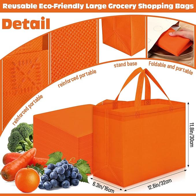 Windyun Reusable Grocery Bags Large Non Woven Shopping Bags with Handles Foldable Portable Tote Bulk, 12.6 x 11.8 x 6.3 Inch