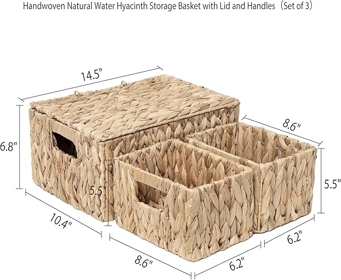 Water Hyacinth Storage Baskets with Handles Set of 3 , Handmade Natural Woven basket with lid, Rustic Farmhouse Style for Shelf Home Organization