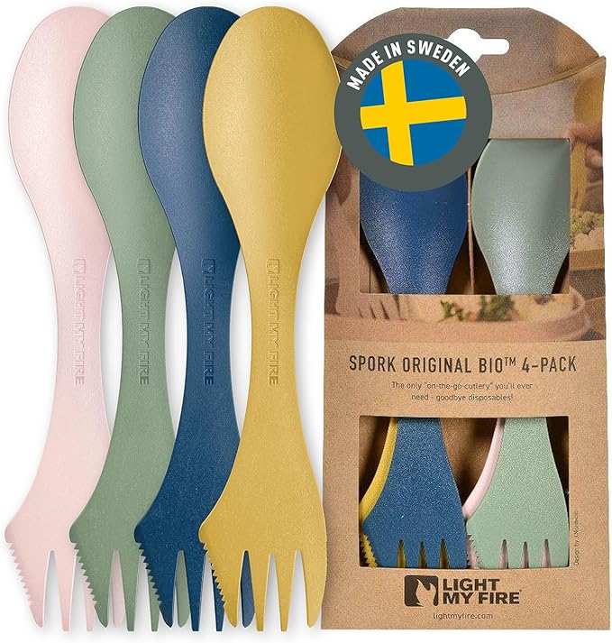 Light My Fire Spork Original 4-Pack 3-in-1 Camping Spoon Fork Knife Combo Reusable Travel & Camping Utensils Lunch Spork Outdoor Backpacking Hiking Picnic Utensil BPA Free, Nature