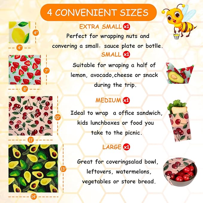 Reusable Beeswax Wrap, 4 Pack Eco-Friendly Beeswax Wraps For Food, Organic, Sustainable, Biodegradable, Zero Waste, Plastic-Free Food Storage, 1L Avocado, 1M Cherry, 1S Strawberry, 1XS Lemon Patterns