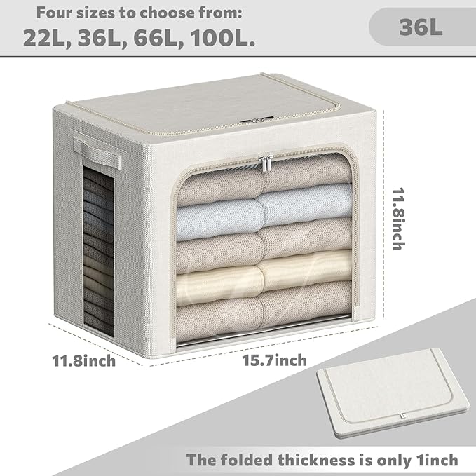 FHSQX 6 Pack Clothes Storage Bins with Metal Frame Foldable Storage Bins for Clothes Linen Fabric Storage Box with Clear Window (Lvory White, 15.7x11.8x11.8inch(36L))