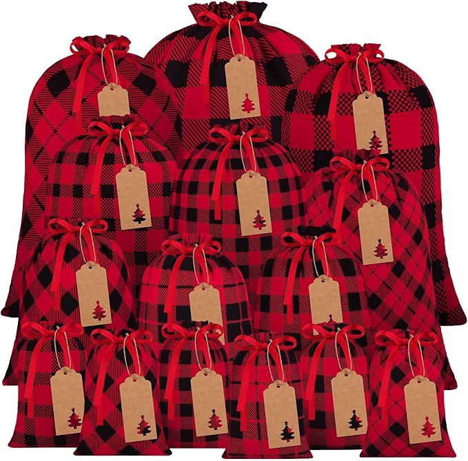 Aneco 15 Packs Christmas Buffalo Plaid Gift Bags with Drawstring Xmas Stocking Bags with 24 Pieces Kraft Tags for Gift Wrapping, Daily use, Assorted sizes
