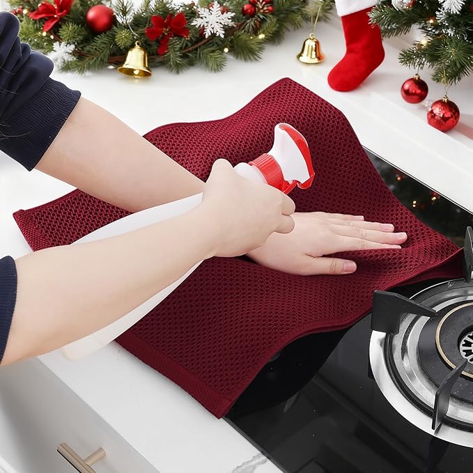 Homaxy 100% Cotton Waffle Weave Kitchen Dish Towels, Ultra Soft Absorbent Quick Drying Cleaning Towel, 13 x 28 Inches, 12-Pack, Burgundy