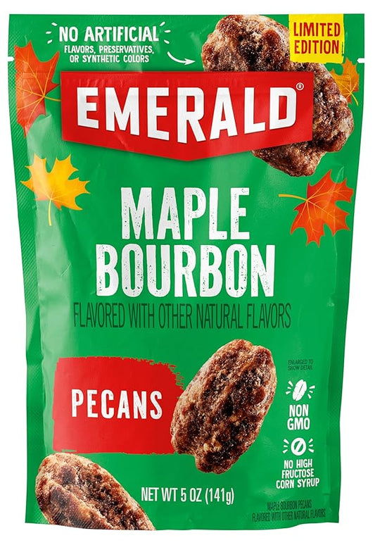 Emerald Maple Bourbon Pecans (1-Pack) | 5oz Resealable Bag | Kosher Dairy Certified, Non-GMO, Contains No Artificial Preservatives, Flavors or Synthetic Colors