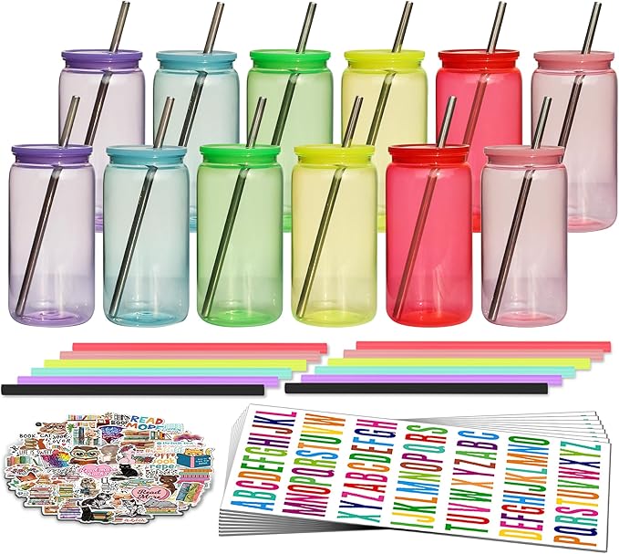 16oz Acrylic Mason Jars Cups, 12 Pack Can shaped Plastic Cups with Lids and Straws, Iced Coffee Cup Cute Drinking Glass Unbreakable Tumbler for Whiskey, Soda, Iced Tea, Colored