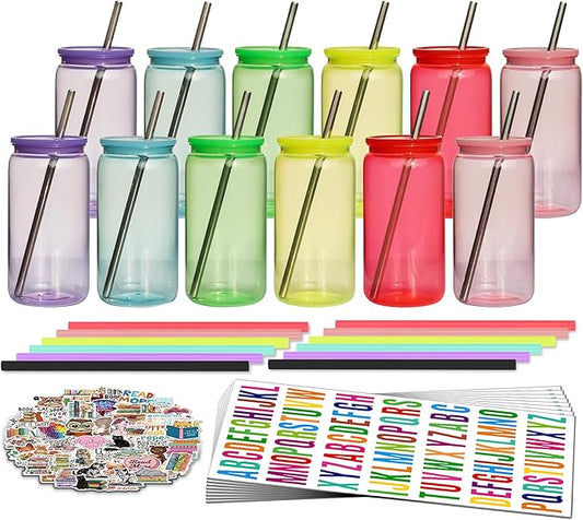 16oz Acrylic Mason Jars Cups, 12 Pack Can shaped Plastic Cups with Lids and Straws, Iced Coffee Cup Cute Drinking Glass Unbreakable Tumbler for Whiskey, Soda, Iced Tea, Colored