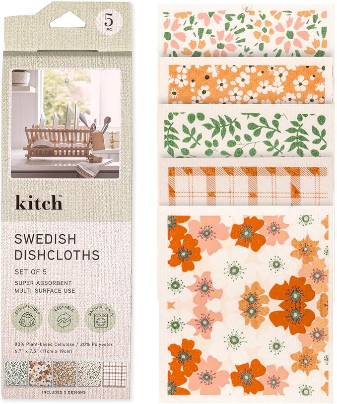 MosJos Swedish Dishcloths, Vintage Plant-Based Cellulose, 6.7x7.5 Inch, Super Absorbent, Multi-Surface, Machine Washable, Reusable, 5 Pack (Orange Green)