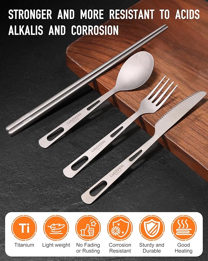 5-Piece Titanium Flatware Knife Fork Spoon Chopsticks Set, Lightweight Travel Camping Utility Cutlery Set with Carrying Bag, Reusable Eco-Friendly Camping Silverware for Backpacking Work Hiking