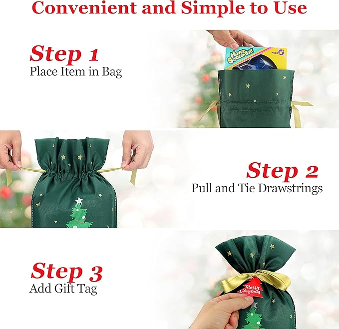 Fabric Gift Bags for Christmas Presents - 6 Pcs Christmas Gift Bags with Drawstring, Large Reusable Drawstring Bags for Gifts (Green Tree)