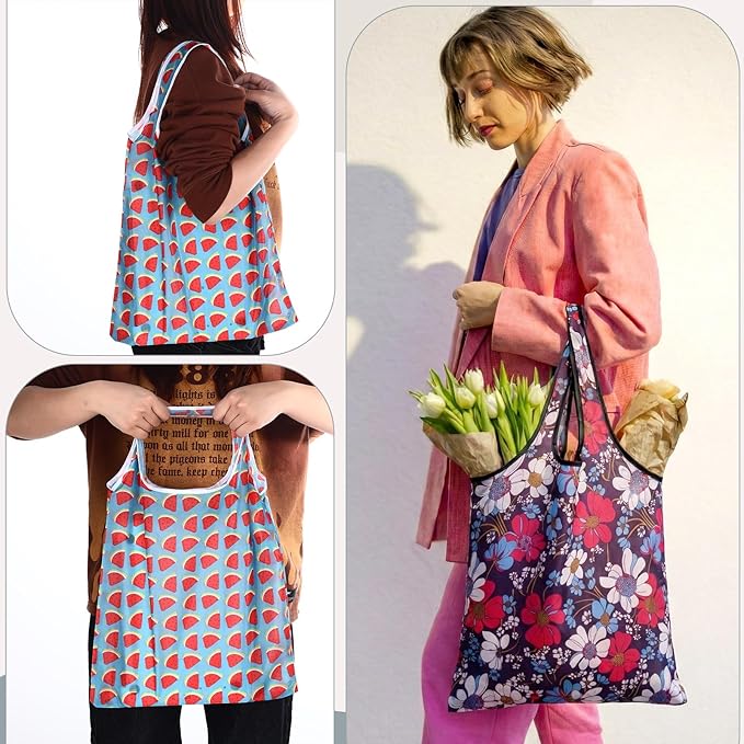 Tanlade 50 Pcs Reusable Grocery Bags Large Foldable Polyester Tote Bag Heavy Duty Washable Shopping Bags with Pouch Attached