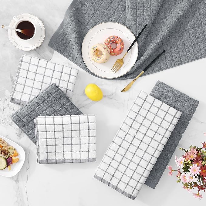 Homaxy Premium Cotton Kitchen Towels 16"x 28", Large Natural Ring Spun 390 GSM Dish Towels, Super Absorbent Terry Kitchen Hand Towels, Soft Tea Towel with Hanging Loop, Grey Check Design, 6 Pack