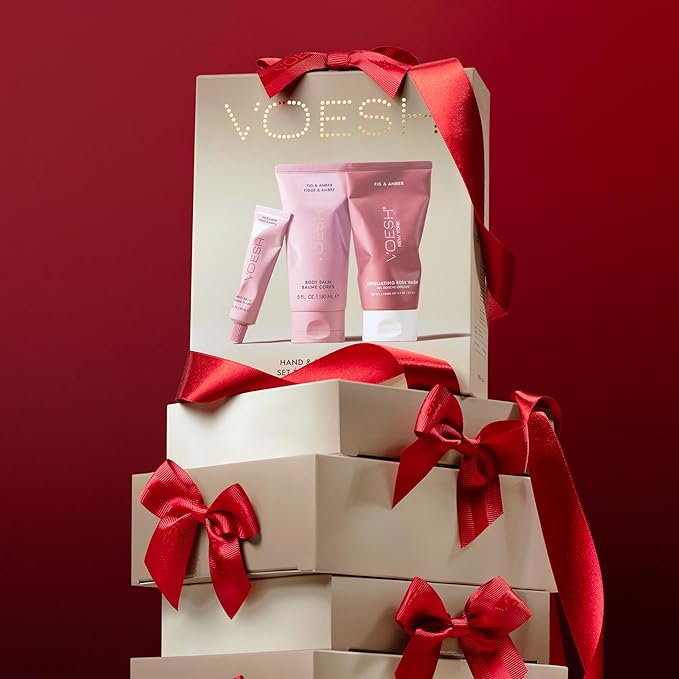 VOESH Hand & Body Glow Holiday Gift Set - 3-Piece Gift Set for Radiant Skin - Exfoliating Body Wash, Body Balm & Hand Balm - Vegan K-Beauty Korean Skincare - Fig & Amber Scent