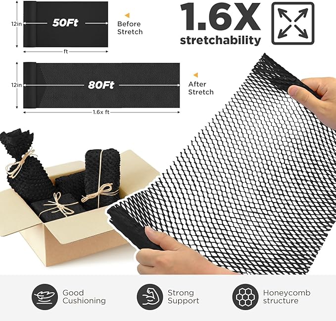 Honeycomb Packing Paper, 12"x50' Black | Perforated Honeycomb Packing Paper Recyclable Moving Supplies for Shipping & Moving | Plastic-Free Alternative to Bubble Cushion Wrap with 36 Fragile Stickers