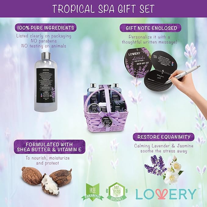 Christmas Gifts, Spa Gift Basket, Luxury 9 Piece Bath & Body Set For Women & Men,Lavender & Jasmine Scent With Shower Gel, Bubble Bath, Lotion, Bath Salt, Body Scrub,Massage Oil, Loofah & Basket