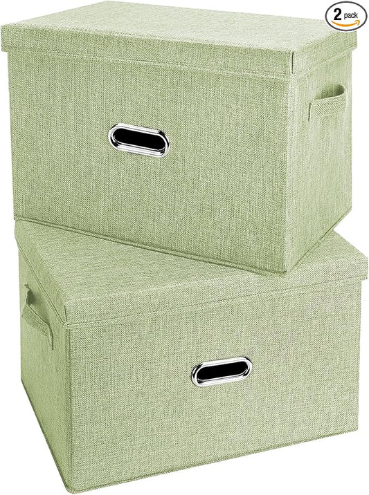 Large Linen Fabric Foldable Storage Bins with Removable Lid and Handles, Washable Storage Box Organizer Containers Baskets Cube with Cover for Bedroom,Closet,Office (Green, Large(2-Pack))