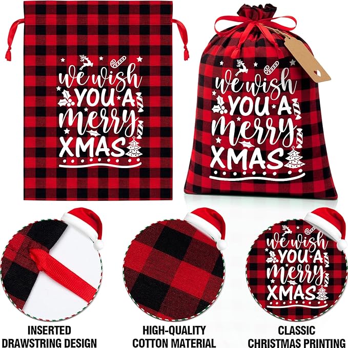 16 PCS Christmas Drawstring Gift Bags with Tags, Buffalo Plaid Large Xmas Gift Bags Assorted Sizes Bulk, Cotton Fabric Holiday Gift Bag Jumbo Medium Small Xmas Wrapping Bag for Presents Party Favors