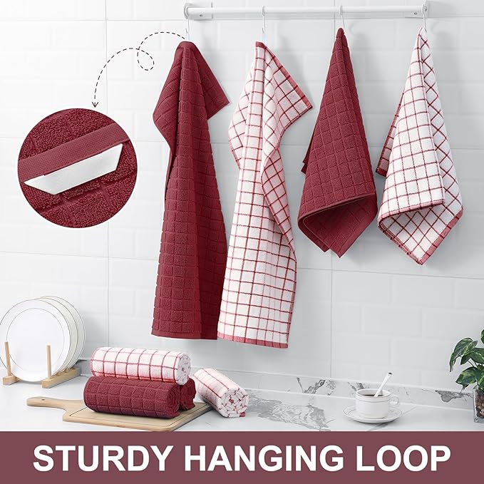 Homaxy Premium Cotton Kitchen Towels 16"x 28", Large Natural Ring Spun 390 GSM Dish Towels, Super Absorbent Terry Kitchen Hand Towels, Soft Tea Towel with Hanging Loop, Red Check Design,8 Pack
