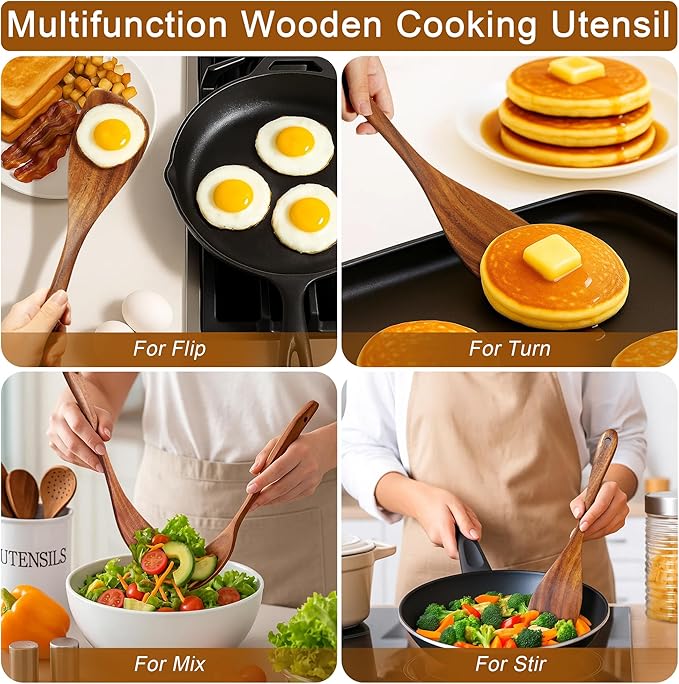 Wooden Spatula Nonstick Turner Acacia Wood, Left Long Handle Flat Frying Spatulas Handmade for Kitchen Gifts, Ideal Cookware Utensils for Cooking Eggs, Fish, Pancakes