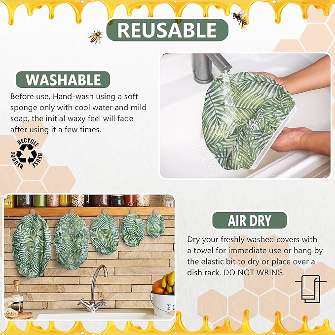 Li’l Things Beeswax Bowl Covers – Set of 5 (XS–XL) | Palm Leaves | Tropical Reusable Food Wraps | Organic Cotton, Beeswax, Washable & Plastic-Free Kitchen Storage Covers
