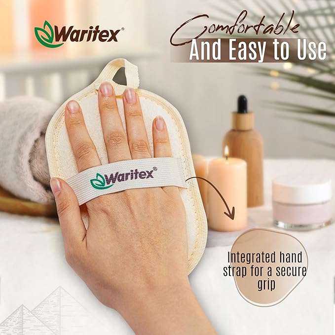 Waritex Egyptian Loofah Exfoliating Body Scrubber with Hand Strap, Oval Shower Pads Made from Natural Egyptian Loofah Fibers, Gentle Cleansing for Face and Body, for Men and Women 2 Count (1 Pack)