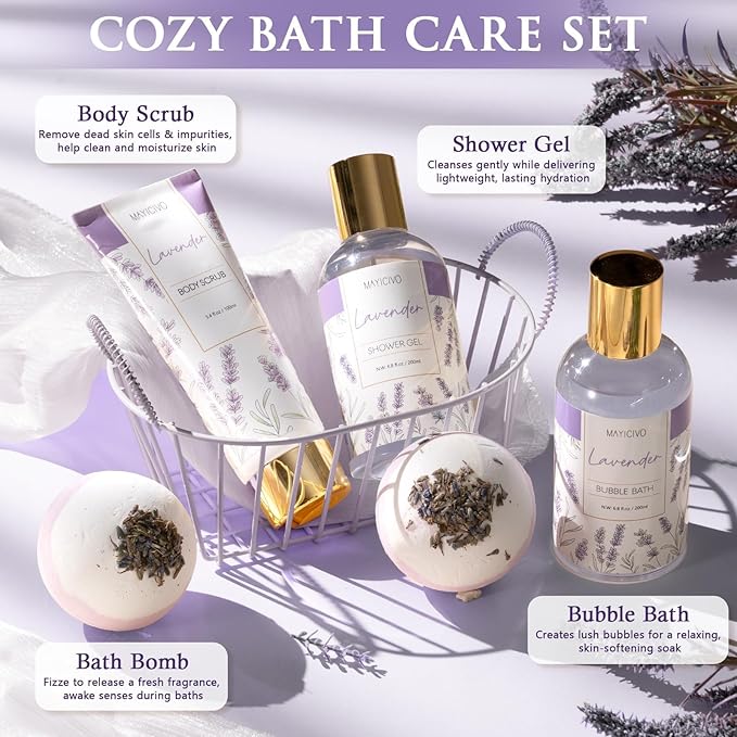 Christmas Birthday Gifts for Women, Lavender Relaxing Spa Gift Baskets for Women Self Care Package Bath Gift Set, Home Bath and Body Kit Pamper Gifts for Womens Mom Her Friends Sister Wife Girlfriend