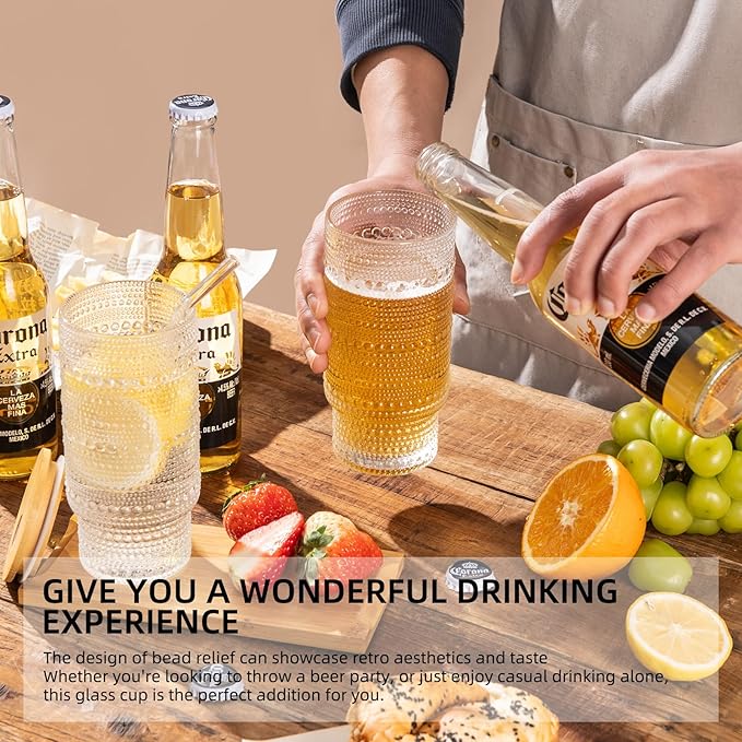 Drinking Glasses with Bamboo Lids and Glass Straw 8pcs Set,16oz Glass Tumbler Cups,Water Glasses,Iced Coffee Glasses,iced Tea Glasses,Beer Glasses,Ideal for Whiskey,2 Brushes