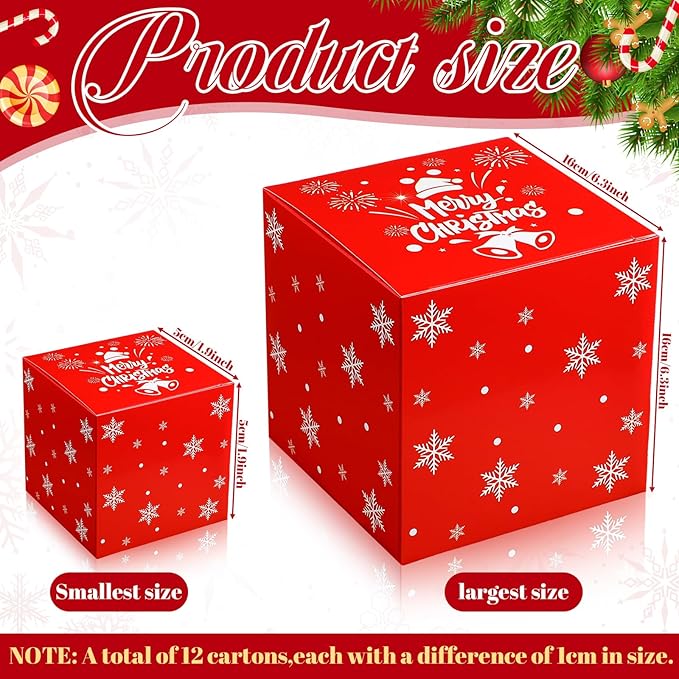 TecUnite 12 Pcs Christmas Prank Gift Box Nesting Gift Boxes Funny Prank Boxes for Xmas Birthday Wrapping, 1.9-6.3 Inch(Merry Christmas)