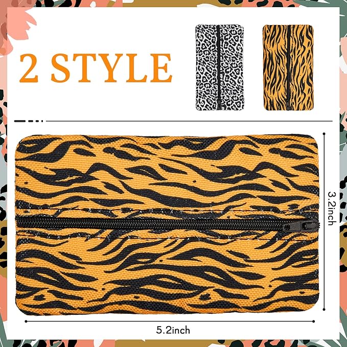 Kigeli 2 Pieces Purse Tissue Holder Travel Tissue Pouch for Purse Fabric Zipper Enclosed Pouches Reusable Flower Pattern Paper Holder for Coins, 5.25 x 3 Inches(Leopard Print, Gold Zebra)