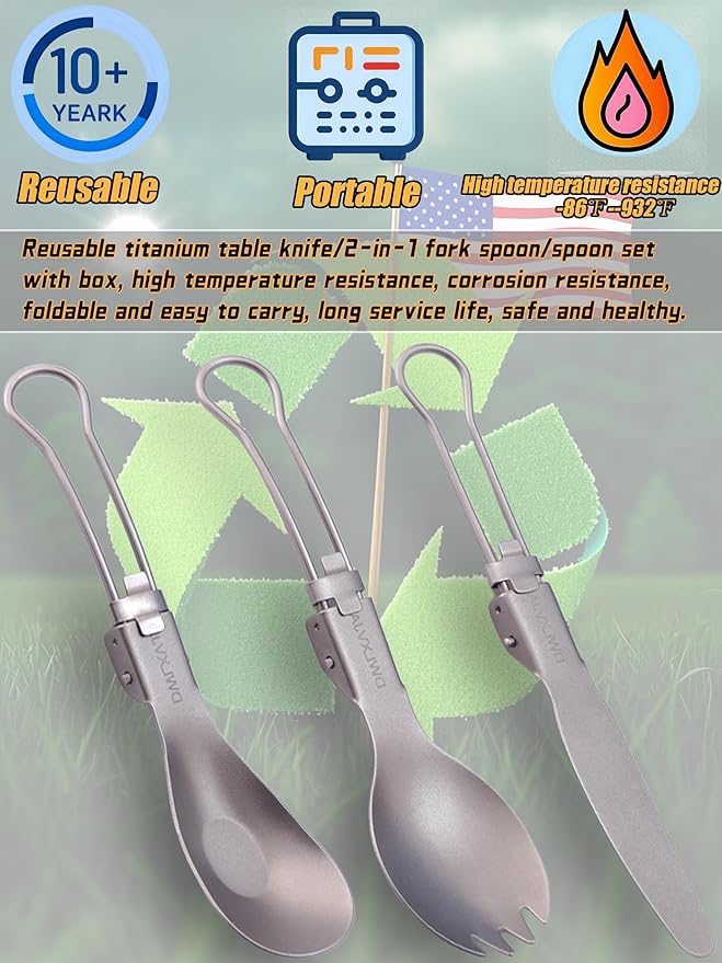 Reusable Camping Utensils Set Titanium, 3-Piece Spork Spoon Knife Combo with Case, Lightweight Foldable Flatware for Hiking, Backpacking, Travel & Workplace Lunch, Gifts for Men, Outdoorsmen, Campers