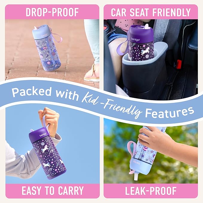 Bentgo Kids Water Bottle 2-Pack - Leak-Proof, Durable Tritan, BPA-Free 15 oz. Cup for Kids/Toddlers Ages 3+, Safe Sip Spout, & Dishwasher Safe for School/Sports/Daycare/Camp (Unicorn/Lavender Galaxy)